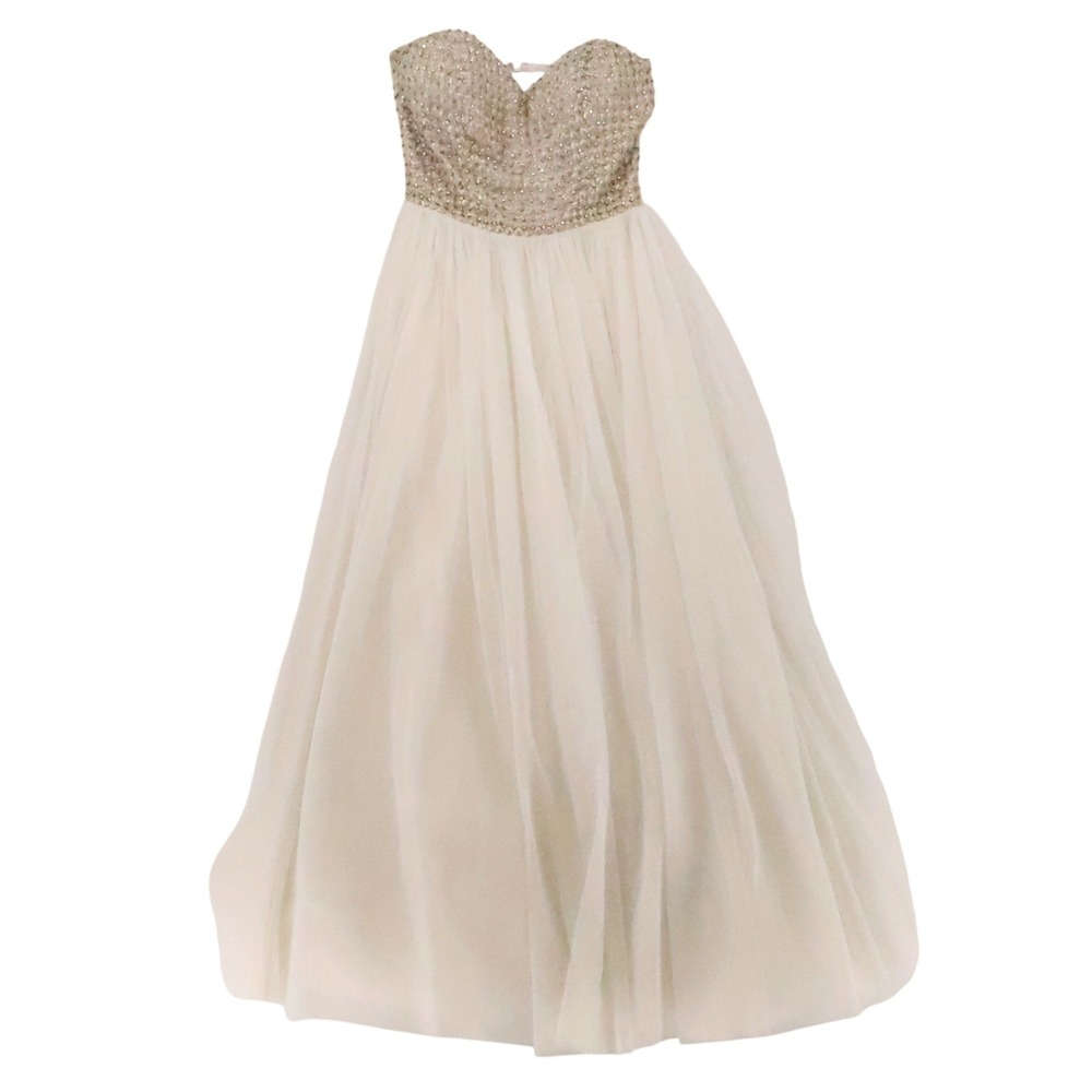 Beaded Crystal Tulle‎ Strapless Gown Womens Size 0 Prom Formal Y2K Wedding Dress